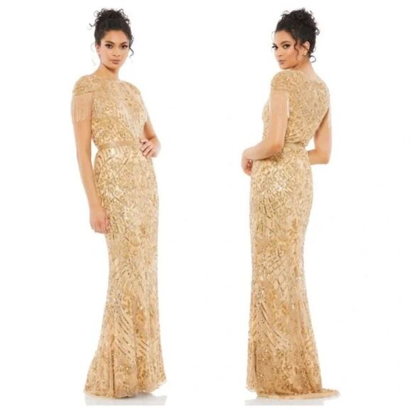 Mac Duggal 4715 Size 12 Embellished Fringe Cap Sleeve Trumpet Gown, Light Gold - Picture 10 of 10